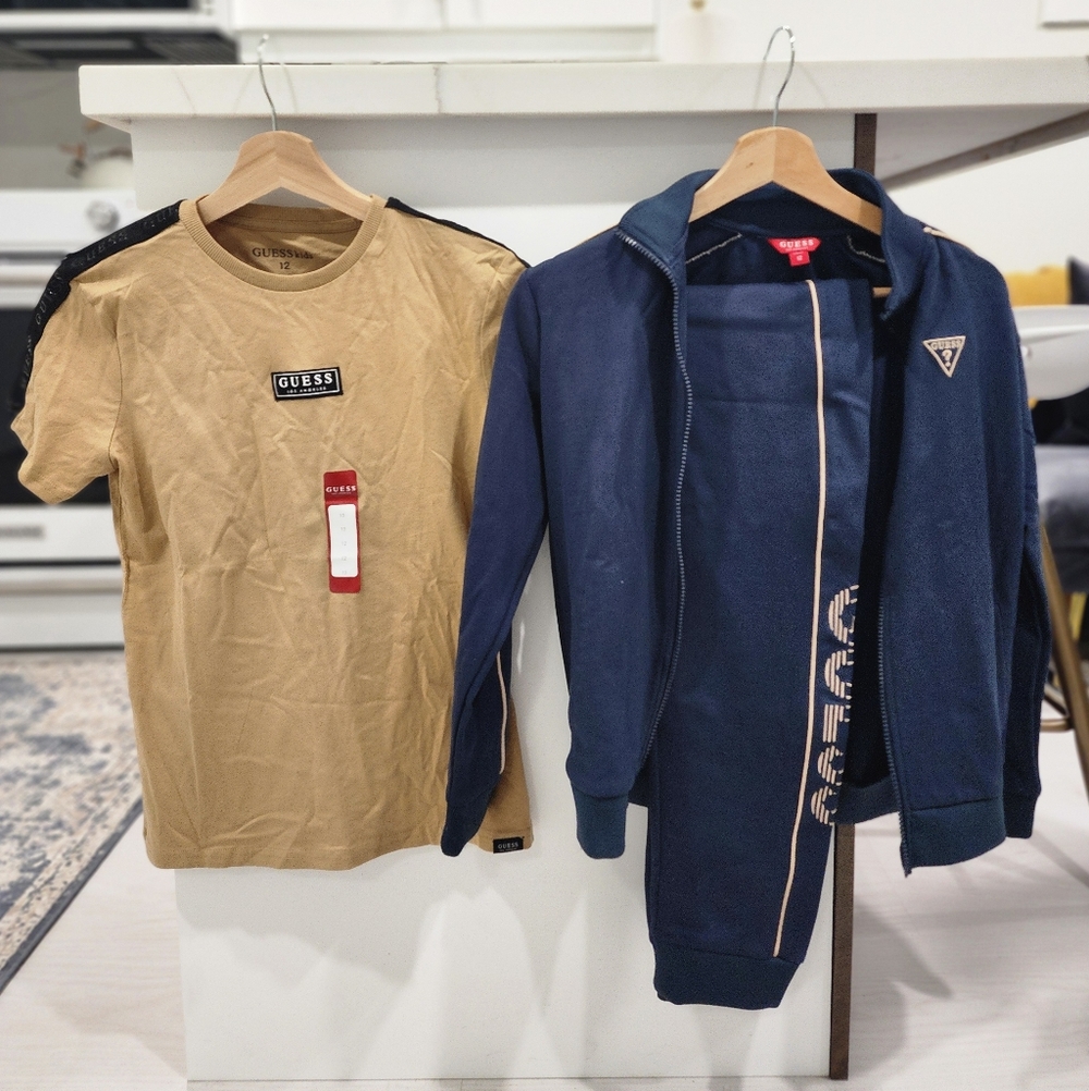 GUESS Kids Navy Blue Track Suit With Matching Beige T-Shirt Size 12